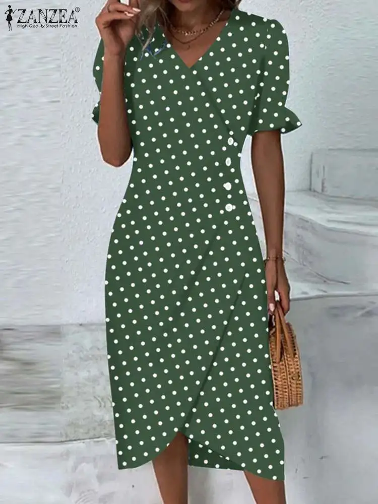 

ZANZEA 2024 Summer Holiday Midi Dress Casual Polka Dot Elegant Fashion Slim Vestidos Wrapped V Neck Short Sleeve Women Sundress