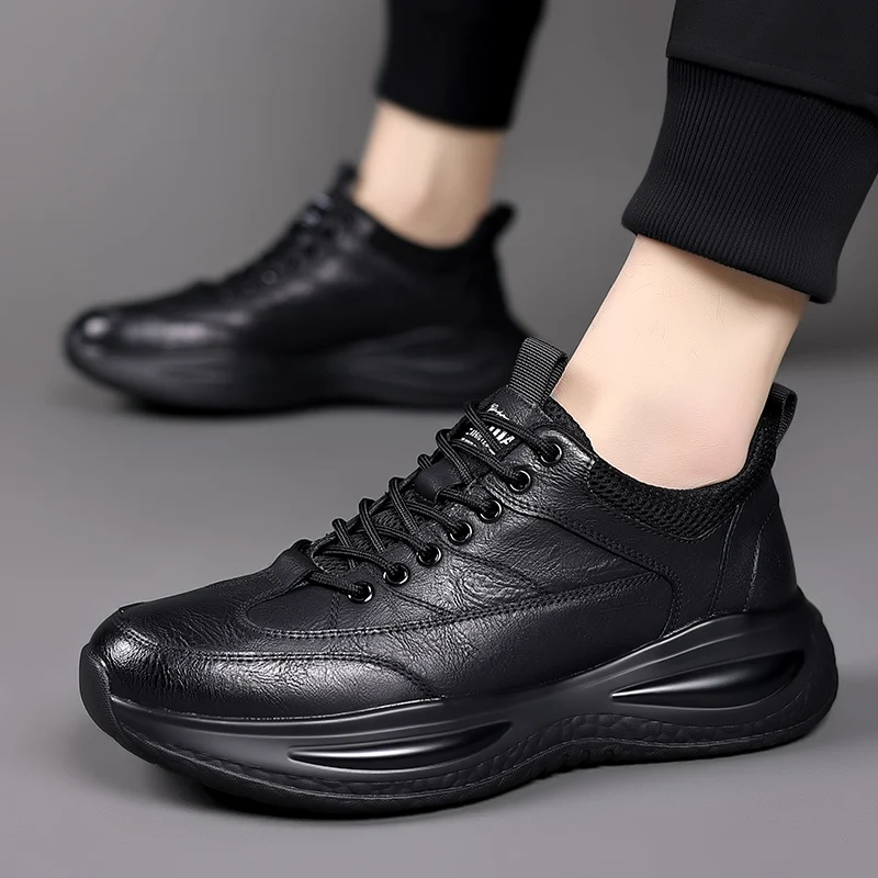 Men\'s Casual Shoes lace up black Trend Wild Fashion Men Shoes Thick-soled Shoe Men Leather Shoes Men Zapatos De Hombre