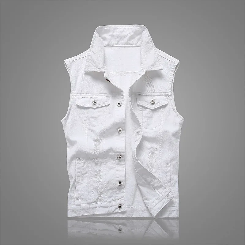 2025 New White Lapel Distressed Denim Vest Men Sleeveless Slim Gold Buttons Patch Pocket Trendy Waistcoat