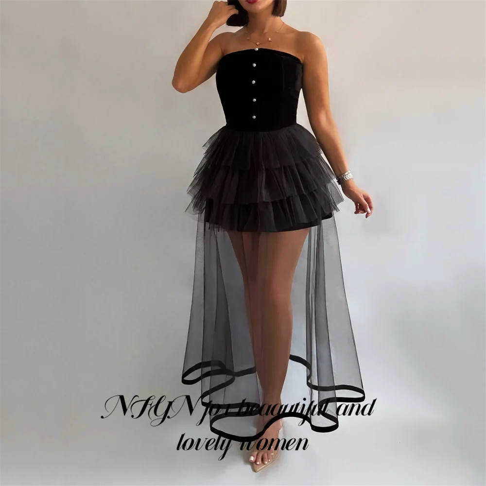 

NFYN Black Evening Gown Strapless Prom Dresses Velvet Mini Wedding Evening Dresses with Tiered Tulle robes de soirée Customized