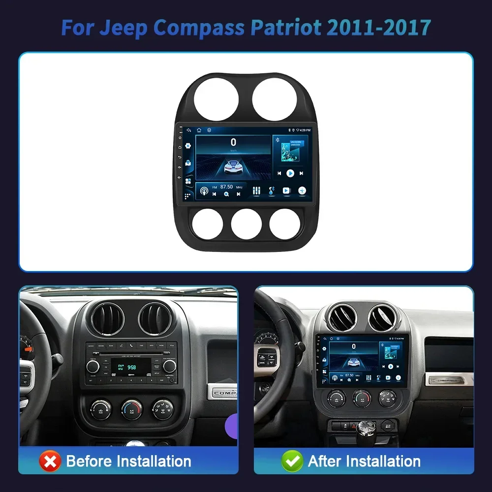 Car Radio Android 14 Player For Jeep Compass Patriot 2011-2017 Navigation 4G GPS Wireless Carplay Bluetooth Touch Screen Stereo