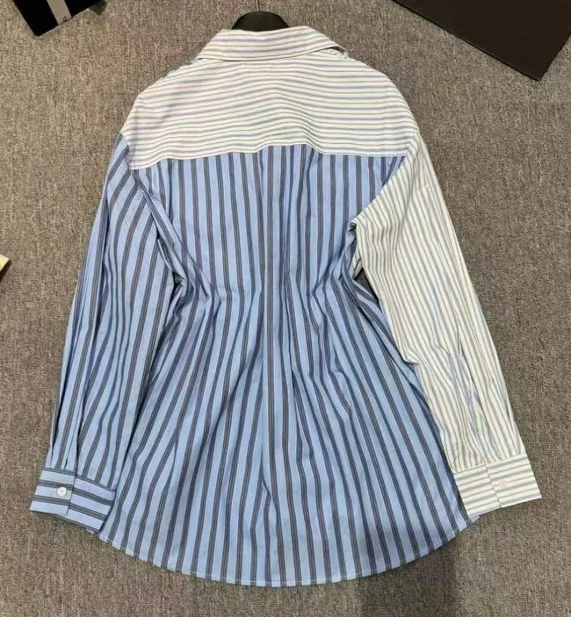 New 2025 Spring Fashion Blouse Shirt High Quality Ladies Turn-down Collar Denim Chest Pocket Long Sleeve Striped Shirt Loose Top