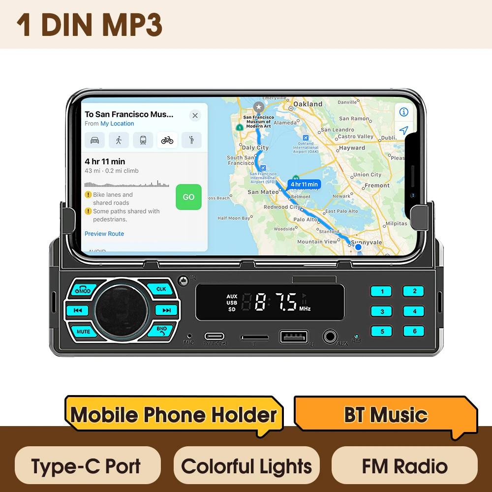 Podofo 1 Din autoradio stereo digitale Bluetooth audio muziek stereo FM Type-C AUX universele auto MP3 multimedia intelligente speler - afbeelding 1