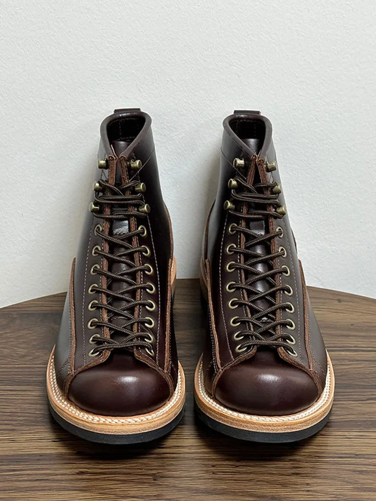Vintage Mens Lace Up Cowhide Genuine Leather Ankle Boots High Top Motorcycle Biker Riding Shoes Handmade High Quality Work Boots