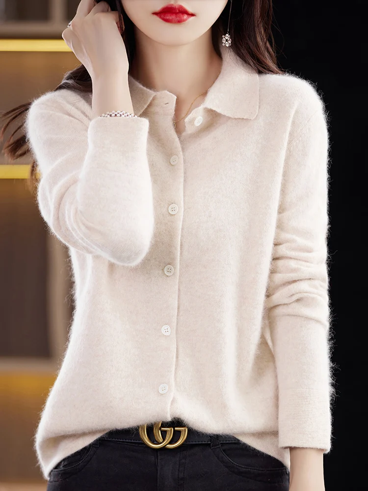 

Autumn Winter 100% Mink Cashmere Cardigans Women's Polo Collar Sweater Long Sleeve Knitwear Solid Fashion Female Clothing Tops