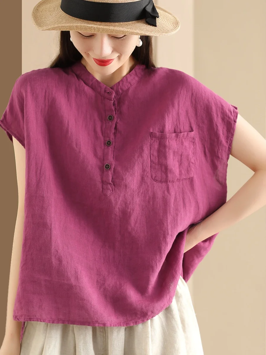 

Casual Linen irt Women's Stand Collar ort Sve Overhead Top Garden Beau Clothes Ele Drip of Rain Casual irt