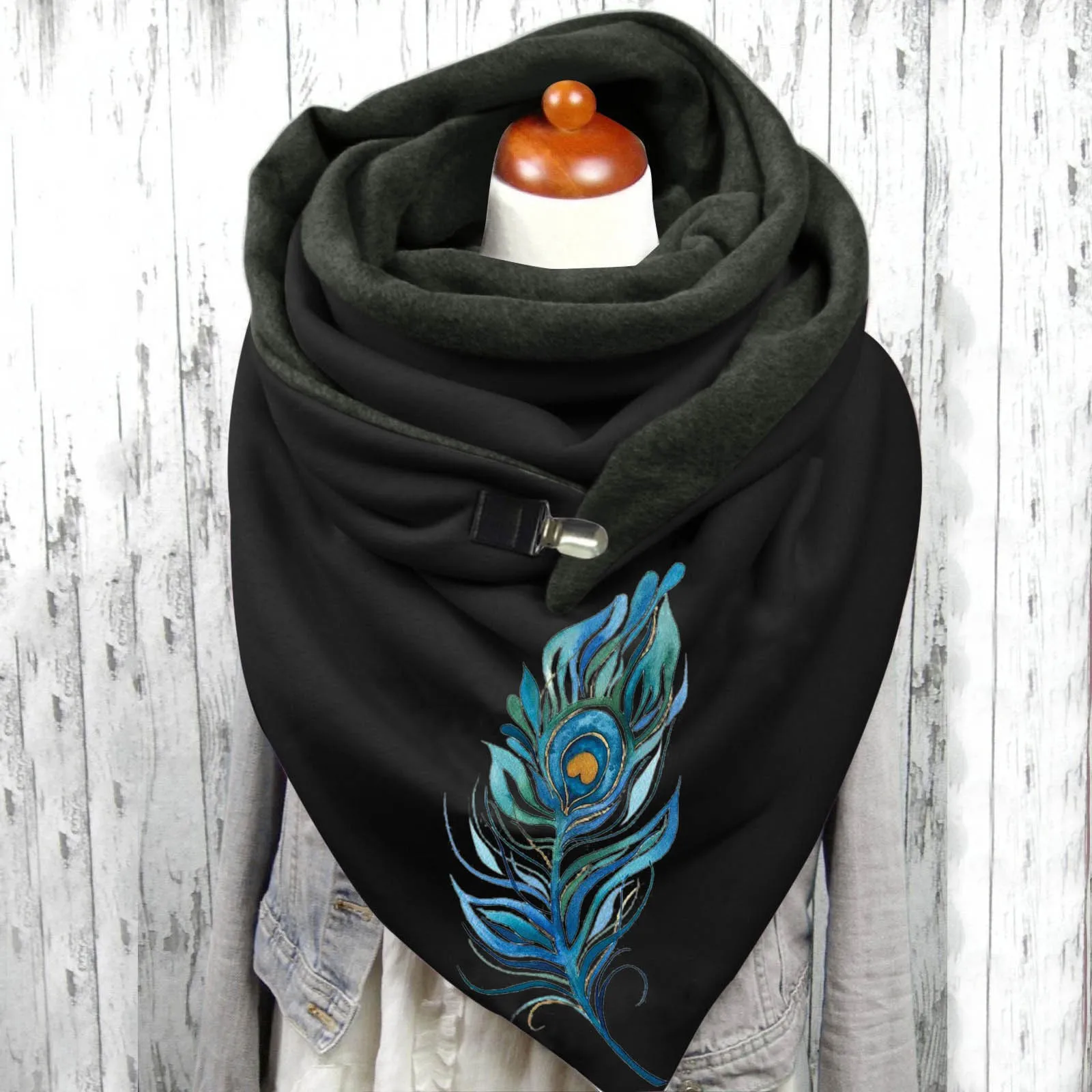 Women Fashion Feather Print Cotton Winter Warm Button Up Scarf Hijabs For Woman poncho triangle wrap large stoles Foulard Warm