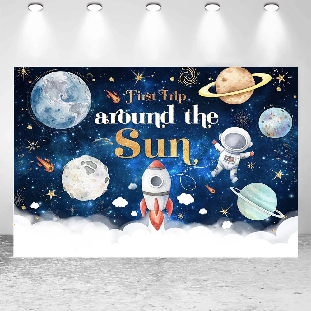 Mocsicka First Trip Around the Sun Background Astronaut Space Baby 1st Birthday Backdrop Party Decor Photo Studio Photocall Prop