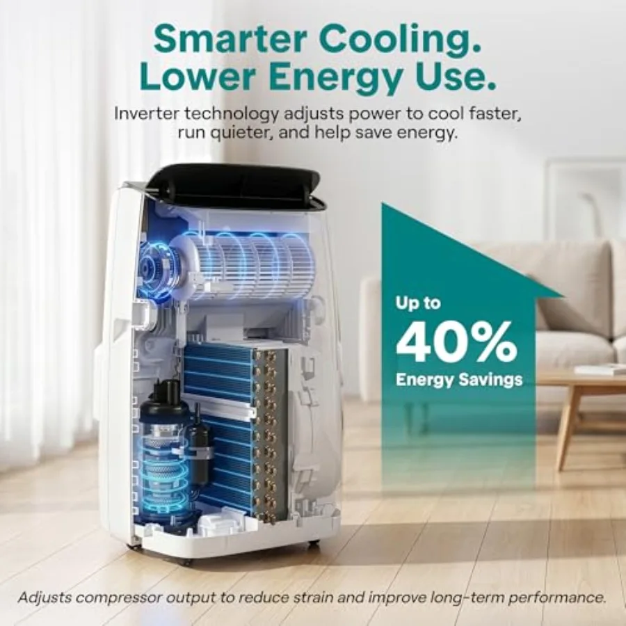 Portable AC unit for home/office use, white ABS plastic, white color, 16000 BTU inverter cooling heating with Wi-Fi, dehumidifi