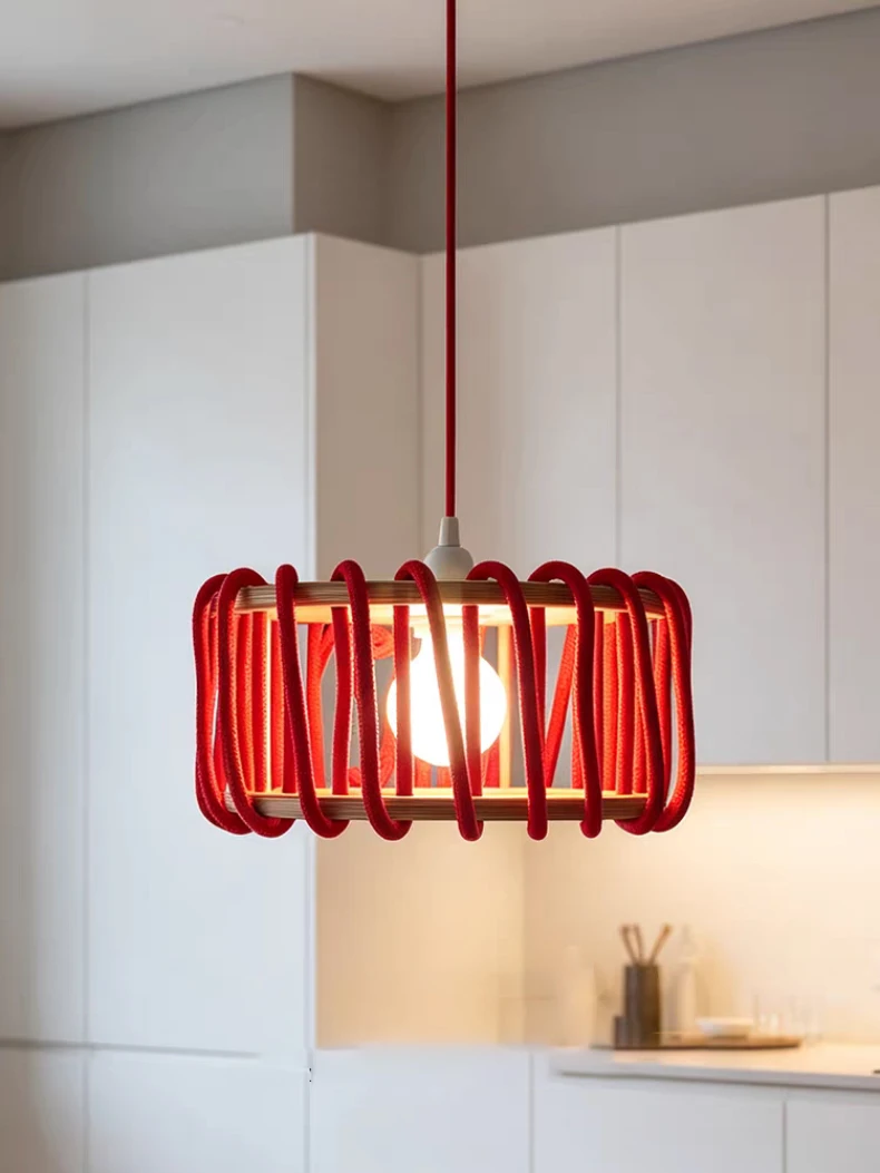 Creative White Red Yellow Rope Pendant Light E27 Bulb Wood