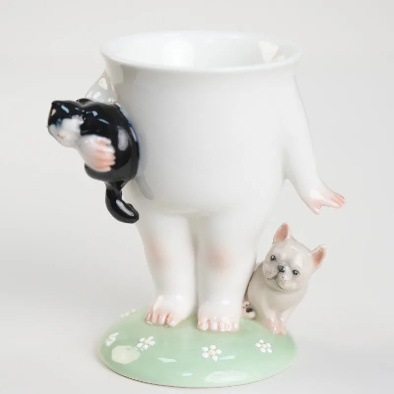 Cat and dog double full cup goblet ceramic underglaze color handmade cute little animal cup healing gift