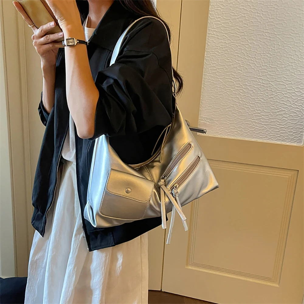 Women's Light Luxury Solid Color Shoulder Bag High Grade Pu Leather Soft Zipper Large Capacity Underarm Bags Commute Handbags
