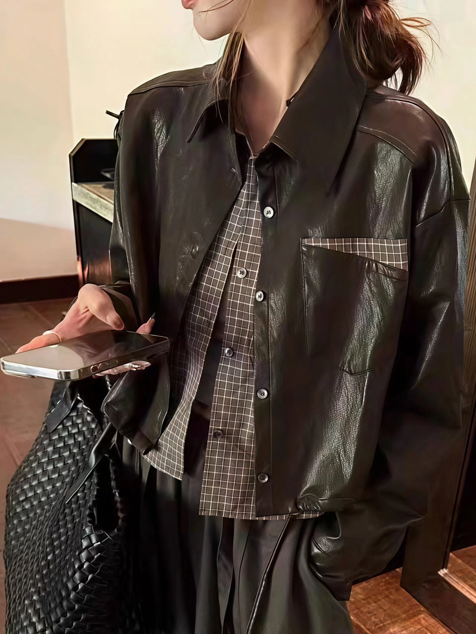 Casual Plaid Splicing PU Leather Jacket Women's Spring Autumn Loose Design Sense Fashion Outerwear Long Sleeve Turn-down Collar