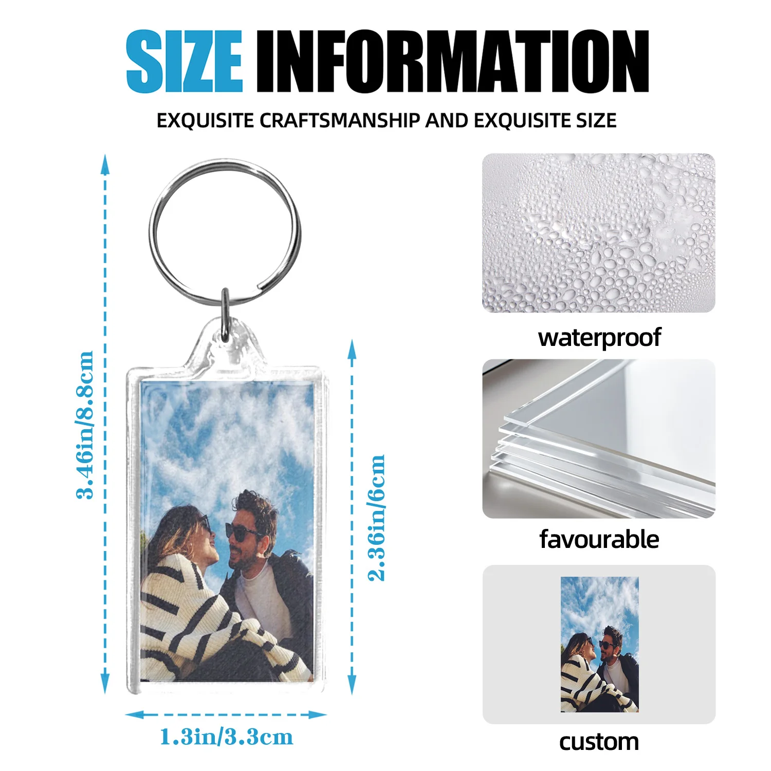 1PC Personalized Acrylic Photo Keychain Custom Name Logo Clear Picture Holder Key Ring for Couples Family Friends Memorial Gift