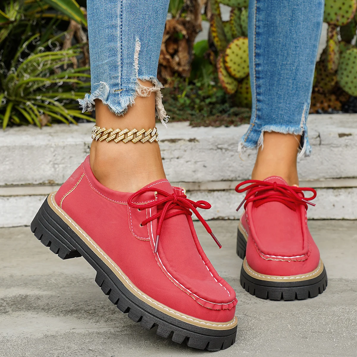 

Fashionable Hot Selling Elegant Thick Soled Lace Up Casual Women's Shoes Spring and Autumn New Round Toe Square Follow-up Shoes