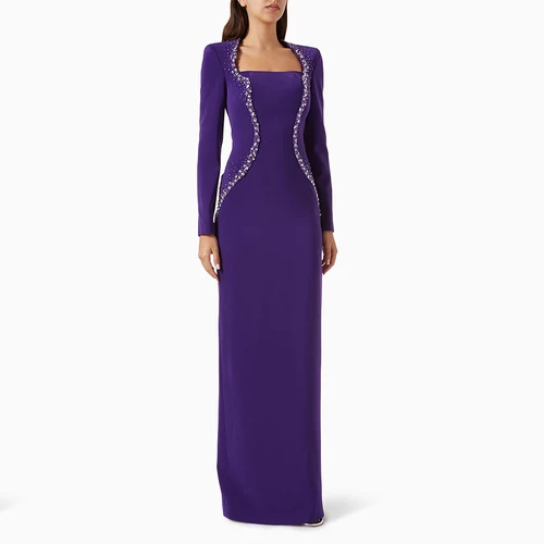 Imagen 1 del producto Vestido de noche morado de lujo para boda, largo hasta el suelo, vestido de fiesta, vestido Formal de manga larga, vestido Beaidng de Arabia Saudita