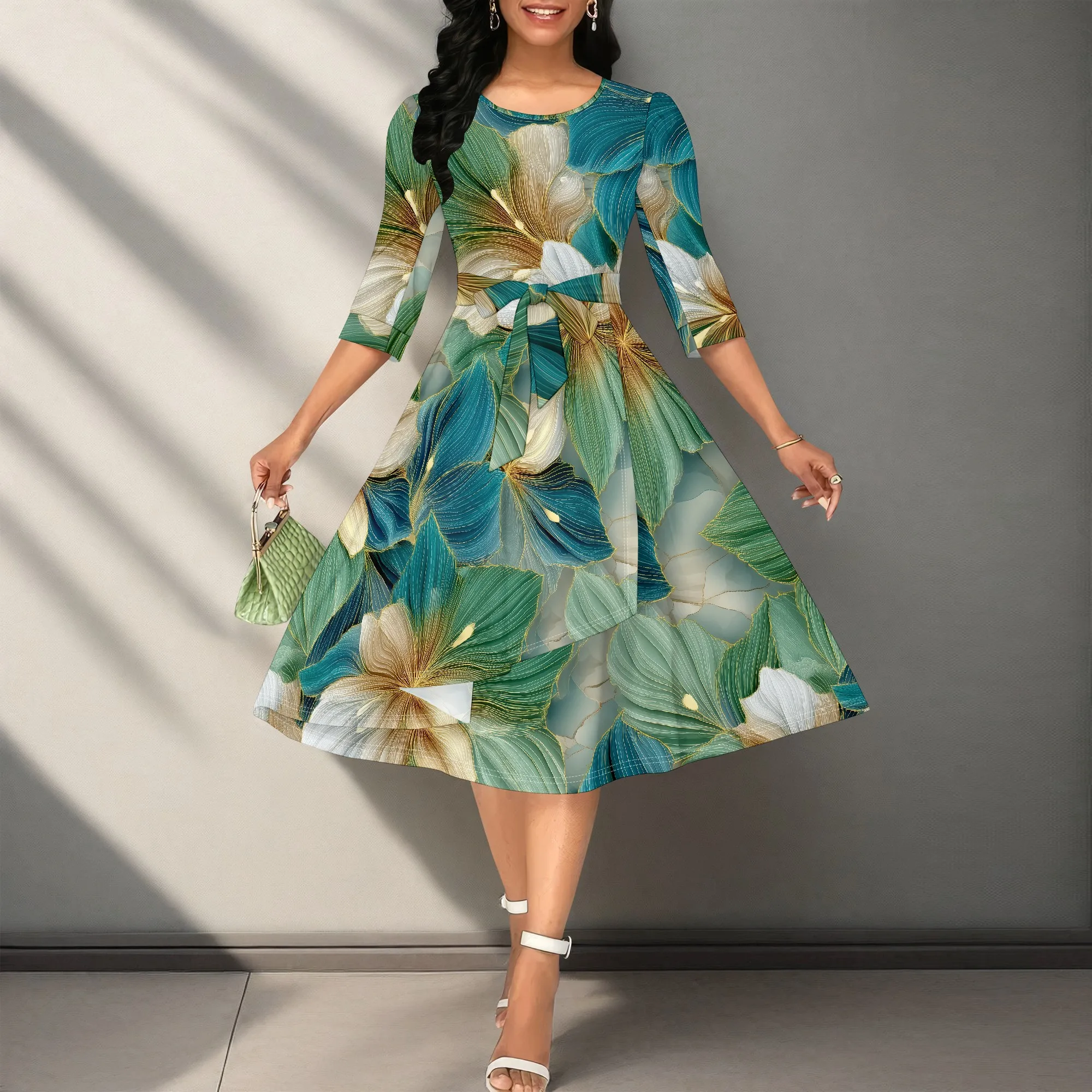 

Women's Elegant Floral Midi Dress 2025 XS-3XL Green Botanical Print 3/4 Sleeve A-Line Belted Dress for Easter & Brunch