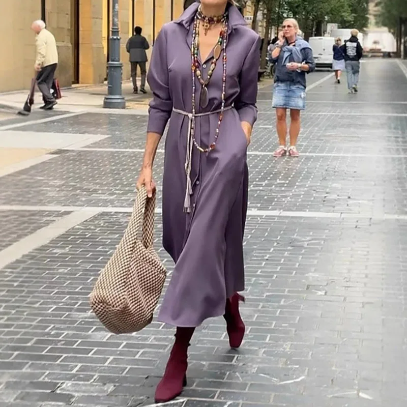 Nieuwe eenvoudige effen kleur pocket maxi-jurk elegant temperament losse kantoorjurken herfst dames revers shirtjurk met lange mouwen