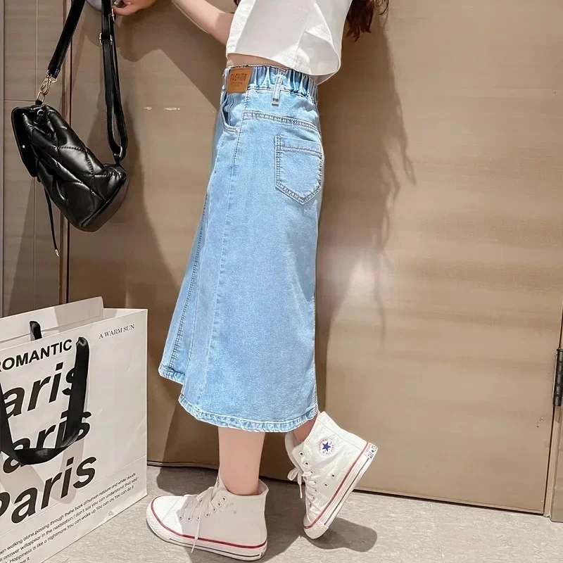 2024 New Summer Half Skirt Children Girls\' Denim Skirt Fried Street Dress Slimming Half Skirt Plaid Skirt