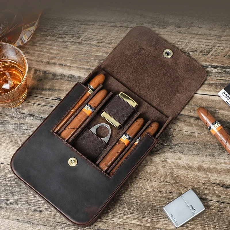 Humidor 4 Pieces with Magnetic Buckle Clamshell Type Leather Cigar Case Storage Bag, Can Store Various Cigar Accessories