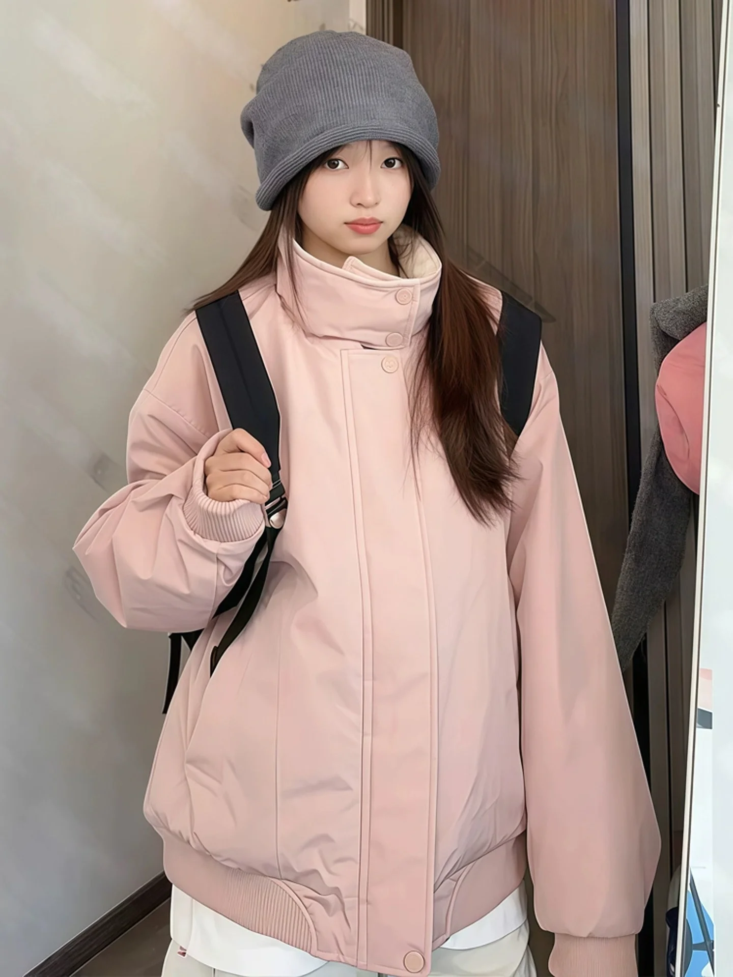 

Thiened Winter Cotton Jaet for Men And Women with Lamb Fur Collar Warm Parka Sle Workwear Coat Trendy Polyester Fiber