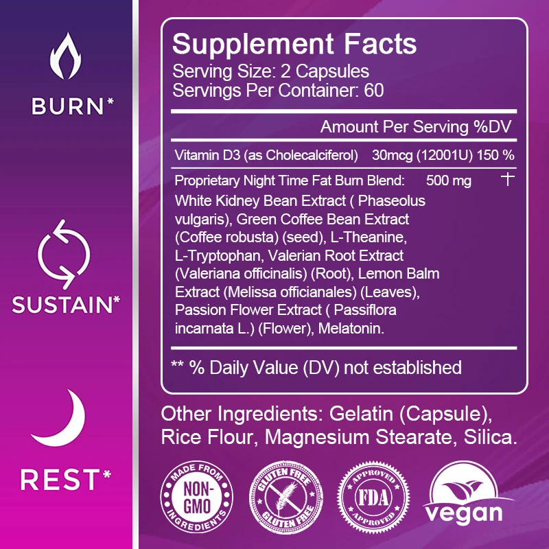 Night Time Slimming Fat Burning Capsule Weight Loss Support Appetite Suppression Powerful Fat Burner Beauty Immune System Health