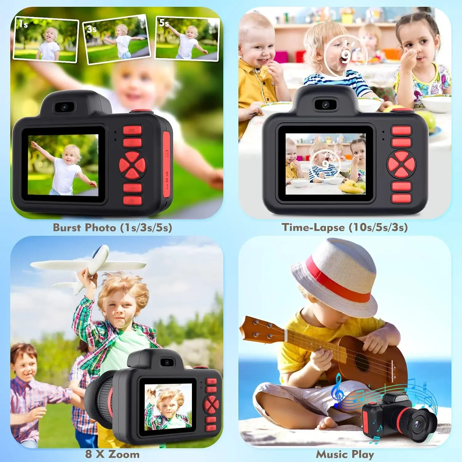 Fotocamera Digitale per Bambini con Obiettivo Lungo Zoom Mini Fotocamera Giocattolo con Flash 1080P Schermo da 2.0 Pollici Regalo di Compleanno e Festività per Bambini