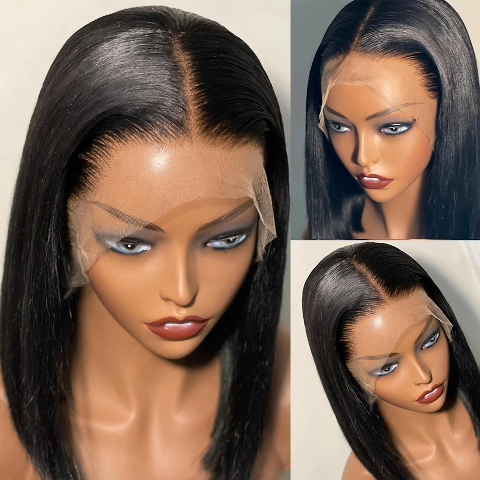 200% Density Straight Short Bob Lace Wig 13x4 Lace Frontal Wigs Brazilian 100% Human Hair 4x4 Transparent Lace Front Wig 14 Inch