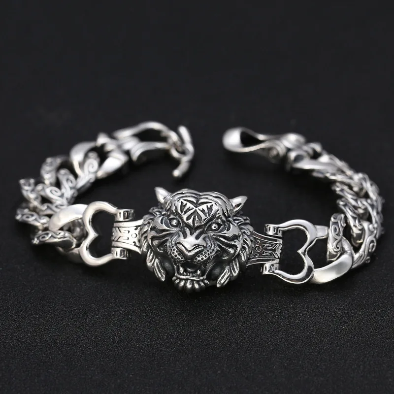 s925 sterling silver fashion domineering personalized tiger head Bracelet Men's distressed Thai silver hipster all-match jewelry