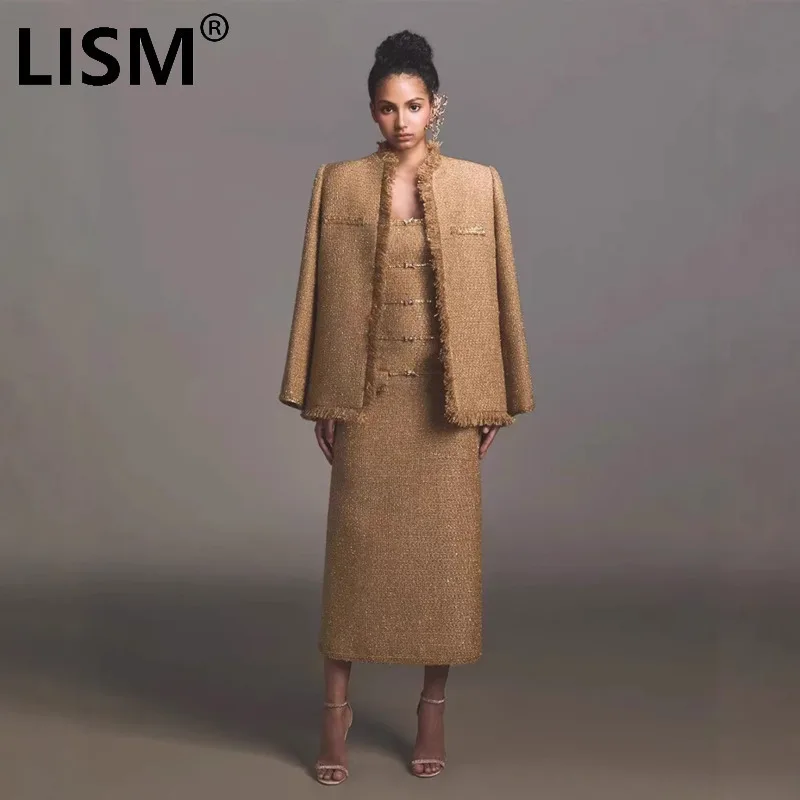 

LISM Fashion Women's 2 Pcs Set No Placket Burr Blazer Strapless Waist Sequins Sleeveless Dress Elegant Suit 2025 Spring New