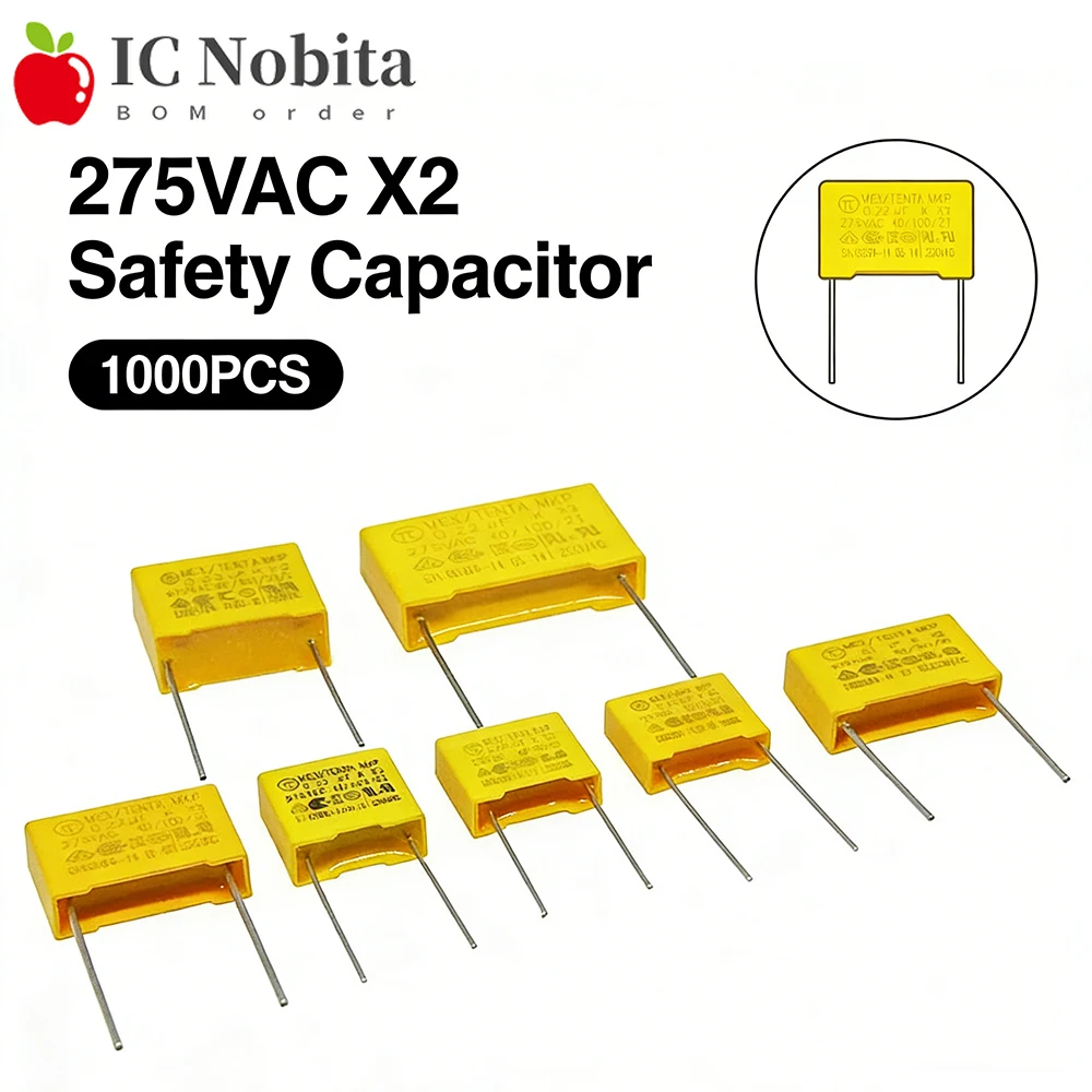 

1000PCS X2 Safety Capacitor 275VAC 0.01uF 0.1uF 0.22uF 0.47uF 1uF 104K 224K 334 Polypropylene Film Capacitor