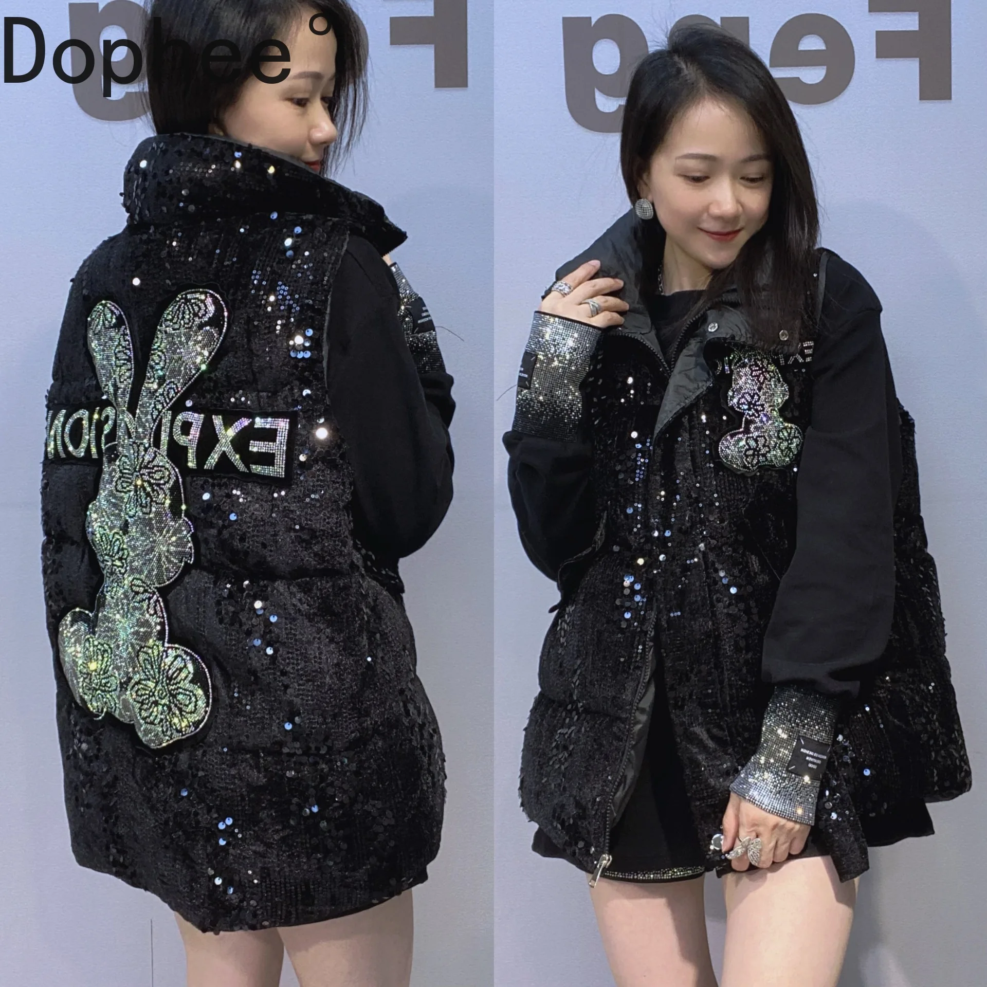 

Черная ватная куртка без рукавов с блестящими пайетками, новая осенне-зимняя куртка-кардиганы с воротником-стойкой на молнии, пальто с кроликом и бриллиантами, жилет большого размера