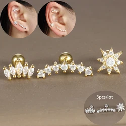 3PCS Stainless Steel Star Helix Cartilage Piercing Earring Set For Women Zircon Crown Stud Earrings Set Jewelry aretes de mujer