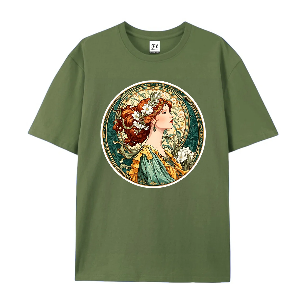 Women Vintage Mucha Style Floral Lady Portrait Graphic T Shirt Summer O Neck Short Sleeve Art Nouveau Flower Woman Print Soft