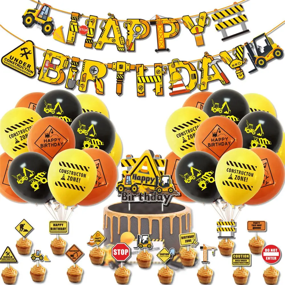 New Backdrops Decor toys Construction theme Truck Bulldozer balloon kids latex balloons Birthday party Decoration