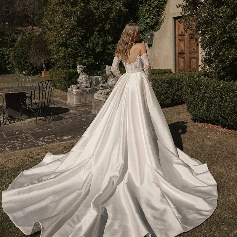 Glitter Detachable Train Wedding Dress Satin With Bead Mermaid Ball Gown Full Sleeve Boat Neck Bride Customized Vestido De Novia