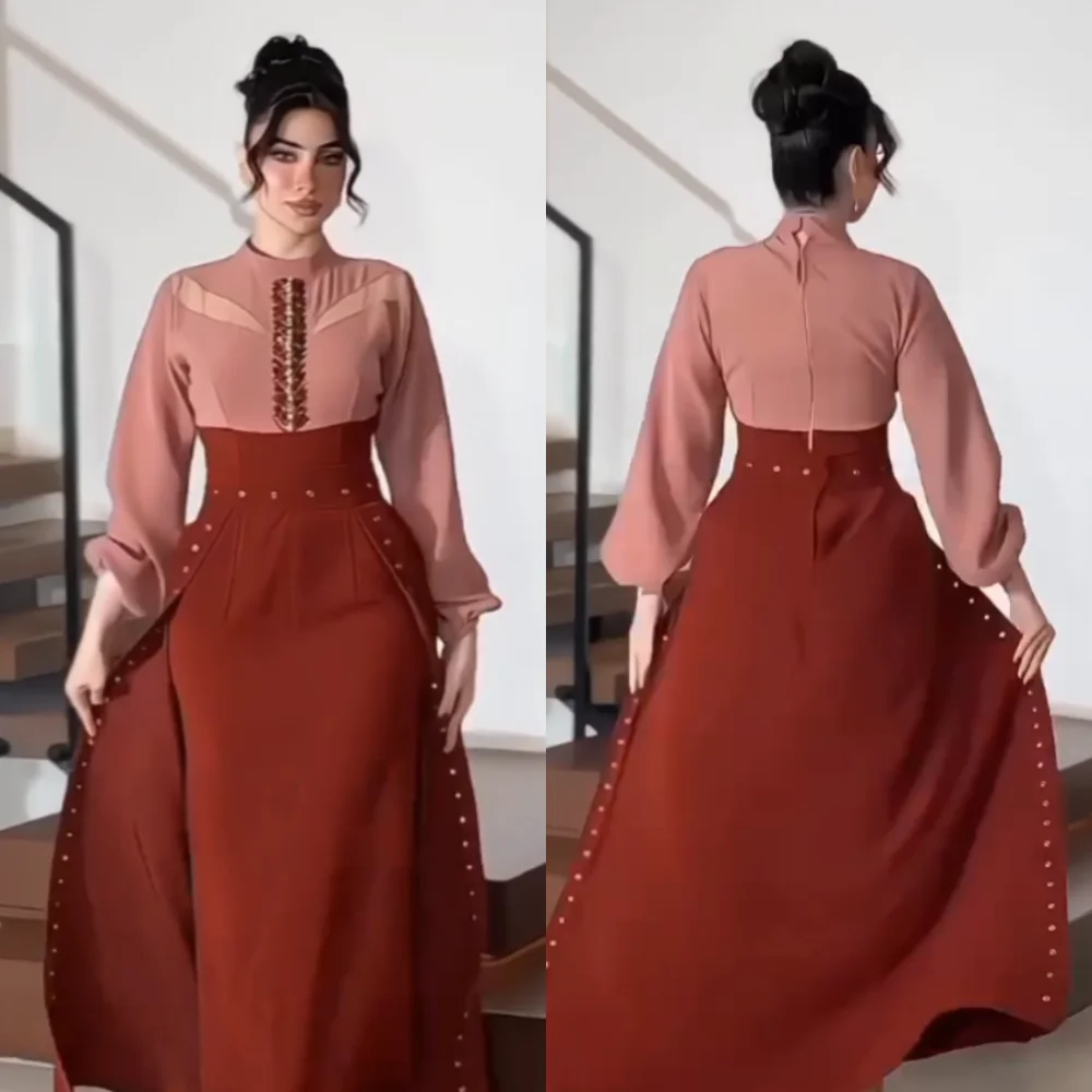 

Customized Jersey Rhinestone Sequined High Collar A-line Midi Dresses Bespoke Occasion Classic Simple Elegant Party
