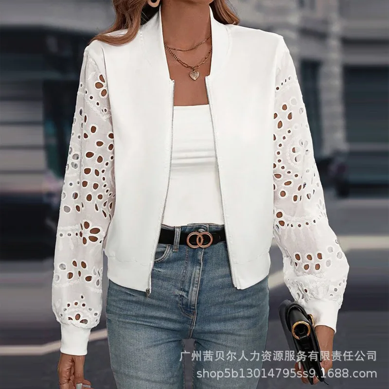 

Elegant Women Long Lantern Sleeve Stand Collar Coat Y2K INS Clothes Outwear Baseball Collar Eyelet Embroidery Zipper Jacket