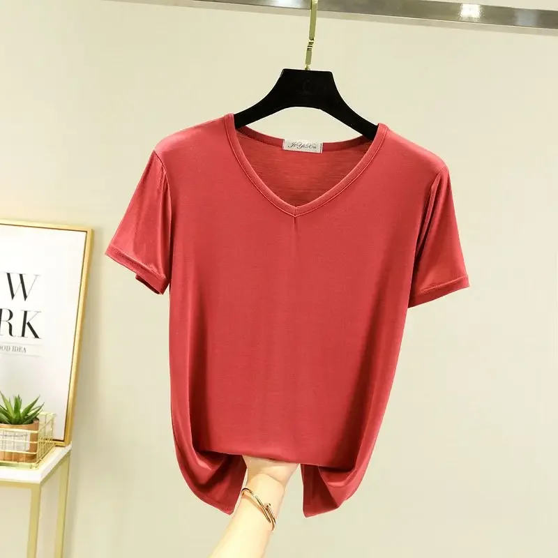 Women Summer Ice Silk Modal Short Sleeve V Neck Low Cut Loose White Face Mask T Shirt Casual Versatile Base Layer Top