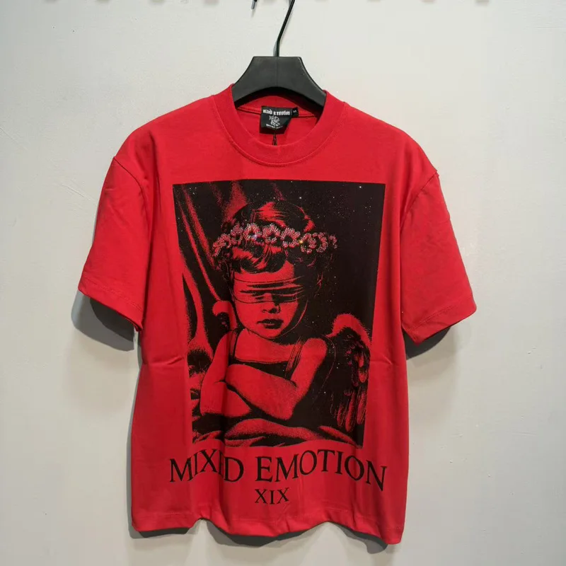 Mixed Emotion Chinese Red T-shirt Summer Real Picture High Quality Diamond Printed Short Sleeve Top