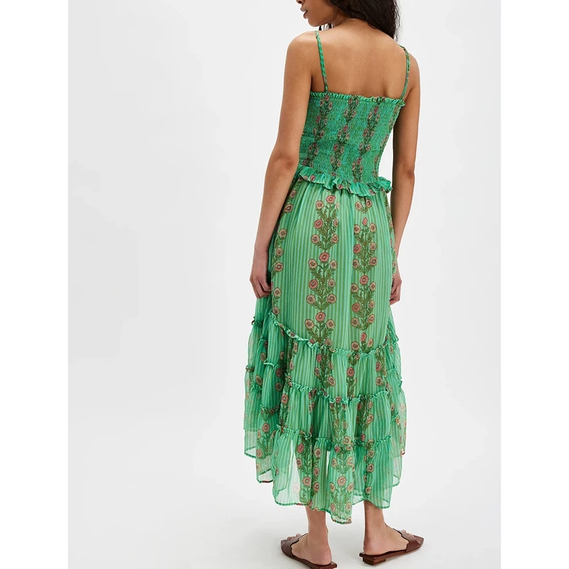 Combhasaki ผู้หญิงดอกไม้พิมพ์ Smocked Corset Tie-up สแควร์คอสปาเก็ตตี้สายรัด Backless Tiered Ruffled A-Line Midi Cami ชุด