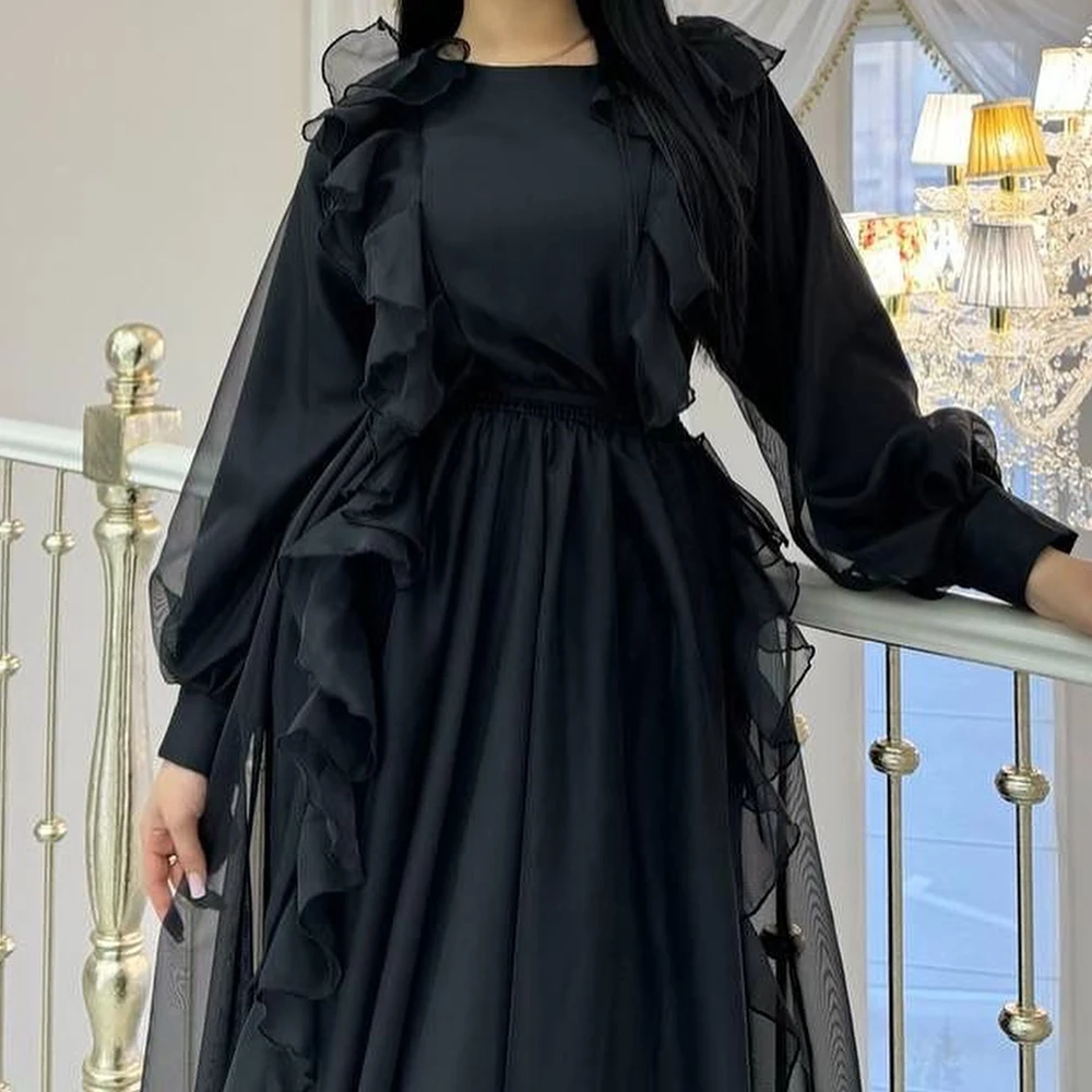 Chiffon Long Sleeves O-neck Floor Length Straight Evening Dress Sweep Train Buttons Temperament Photo Color Saudi Arabia 2024