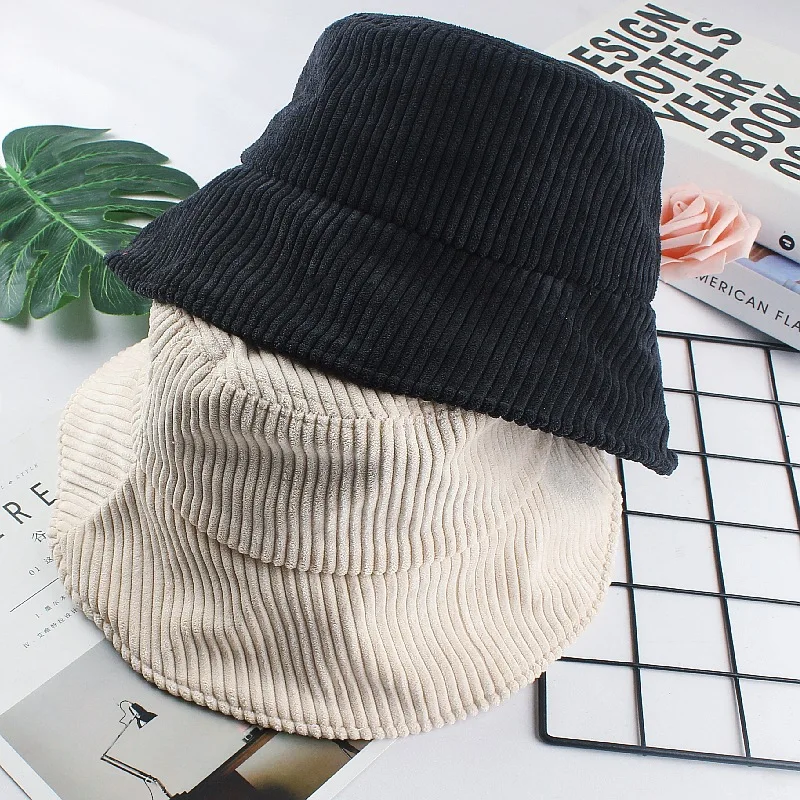 Bucket Hat Women Men\'s Corduroy Fisherman Hat Retro Fashion Autumn and Winter Hat Flat Bottom Bob Gorro Hip Hop Panama