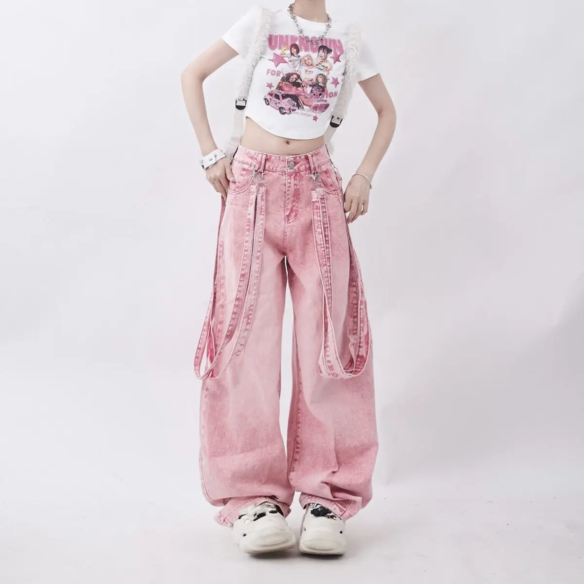 Jeans Lace Up Pink Oversize Vintage Belt Wide Leg Causal Denim Trousers Women Y2K Harajuku Hip Hop Korean Straight Pants