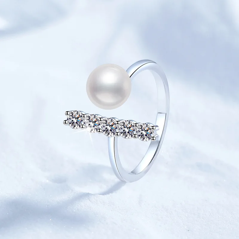 

PT950 18K Gold Ring with All Diamonds, Moissanite, Natural Freshwater Pearls, Fashionable, Simple, Light Luxury T-shaped Ring