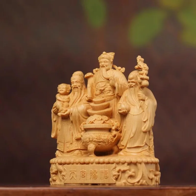 Hand Carved Hinoki Wood Fu Lu Shou Gods Set of 3 Figurine - Prosperity Wealth Longevity Ornament Home Office Desk Decor Gift