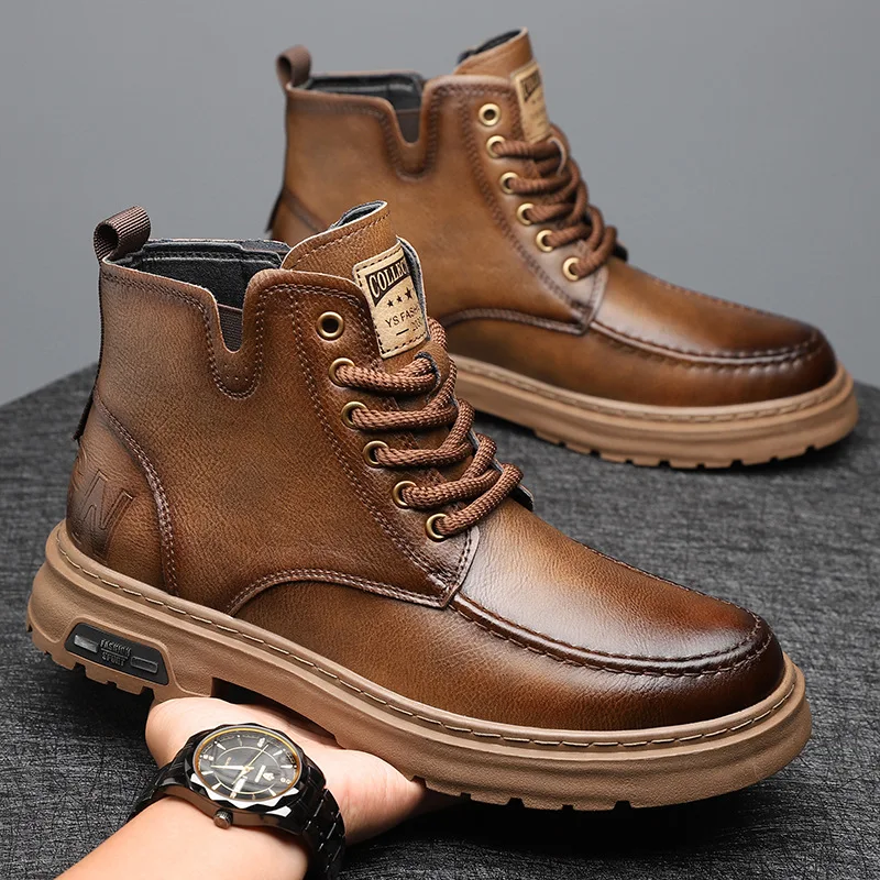 Autumn Winter Cow Leather Platform Boots for Men Designer Casual Work Shoes Male Outdoor High Top British Style Ankle Boots Man