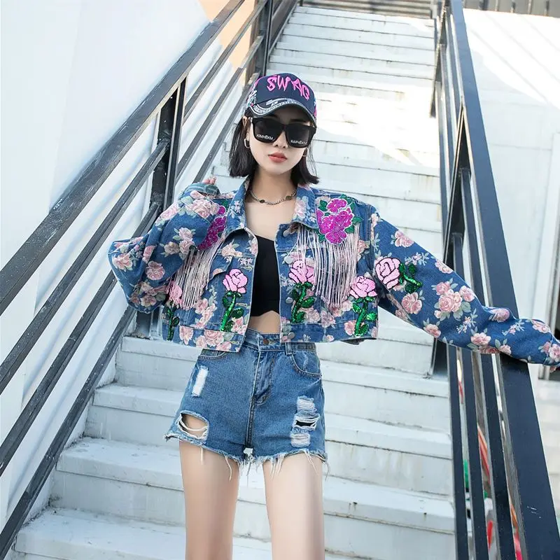 Luxury Floral Printing Fringed Denim Coat Dyeing Flowers Embroidery Tassels Jean Bomber Jacket Sequined High Waist Cardigan Tops