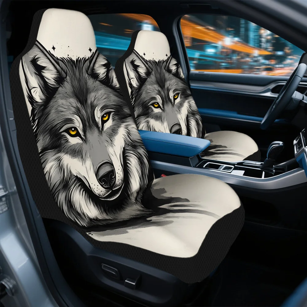 2pcs Majestic Wolf Portrait Design Seat Cover Set – Premium Comfort, Stylish Seat Protectors, Fit, Durable, Easy To Clean, Al