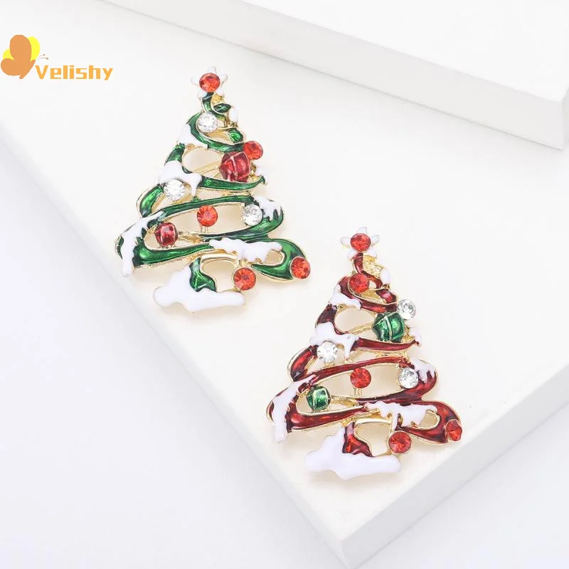 Fashion Enamel Rhinestone Christmas Tree Brooches Women Coat Clothing Badges Jewelry Accessries